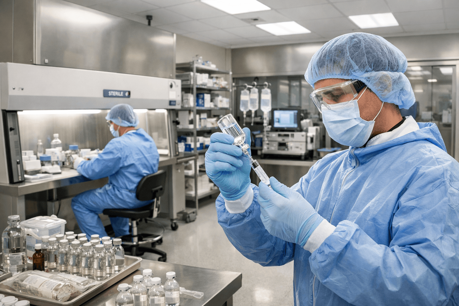 503B facility team preparing sterile pharmaceutical products inside a controlled environment.