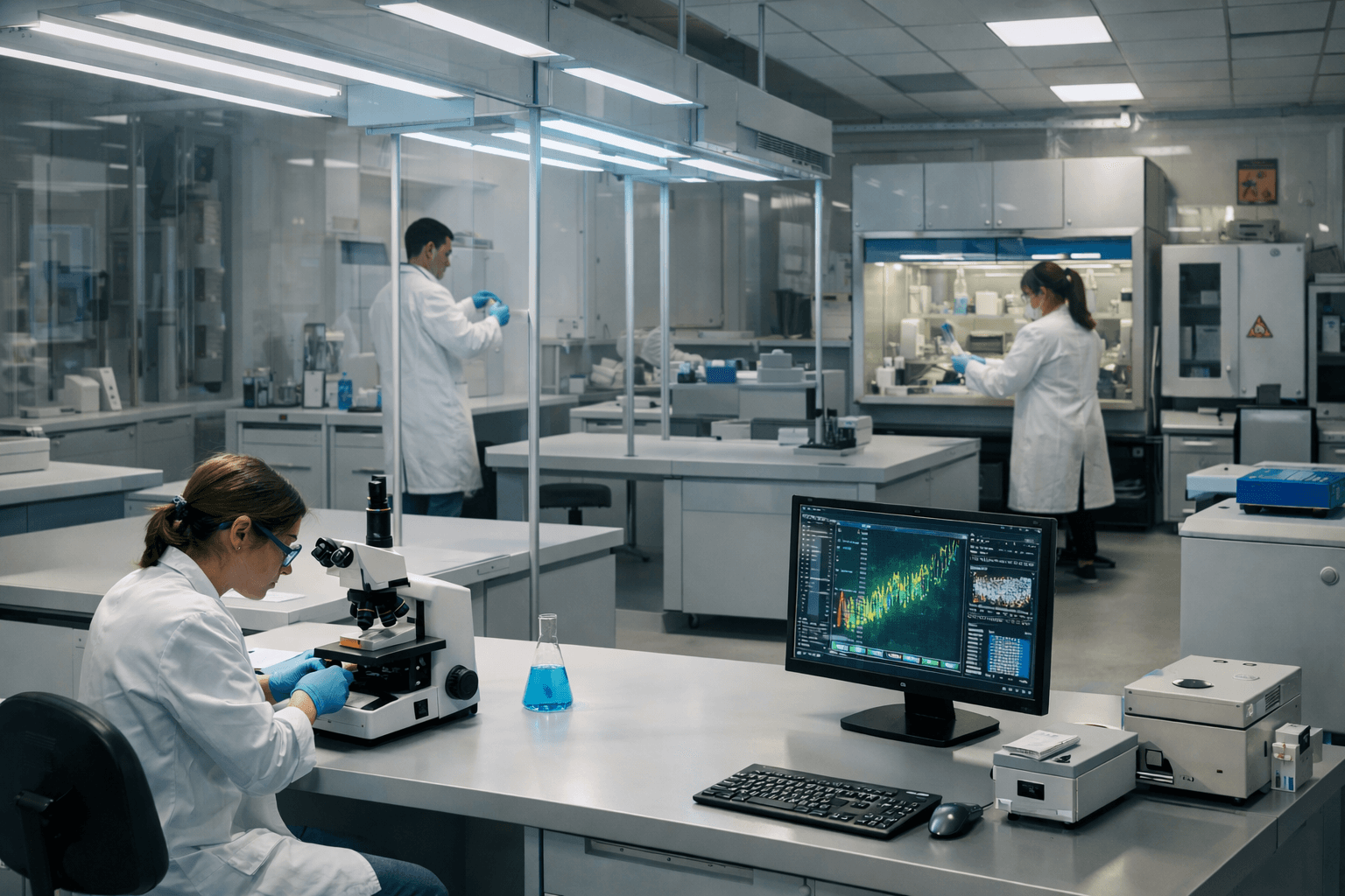 Biomedical research facility with laboratory staff and workstations.
