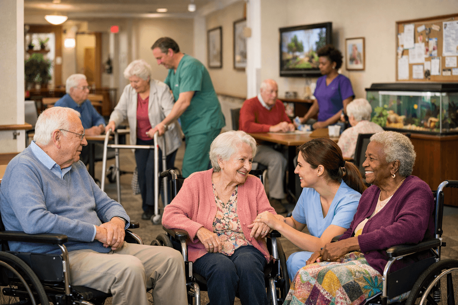 Long-term care facility with residents and staff in a communal care setting.