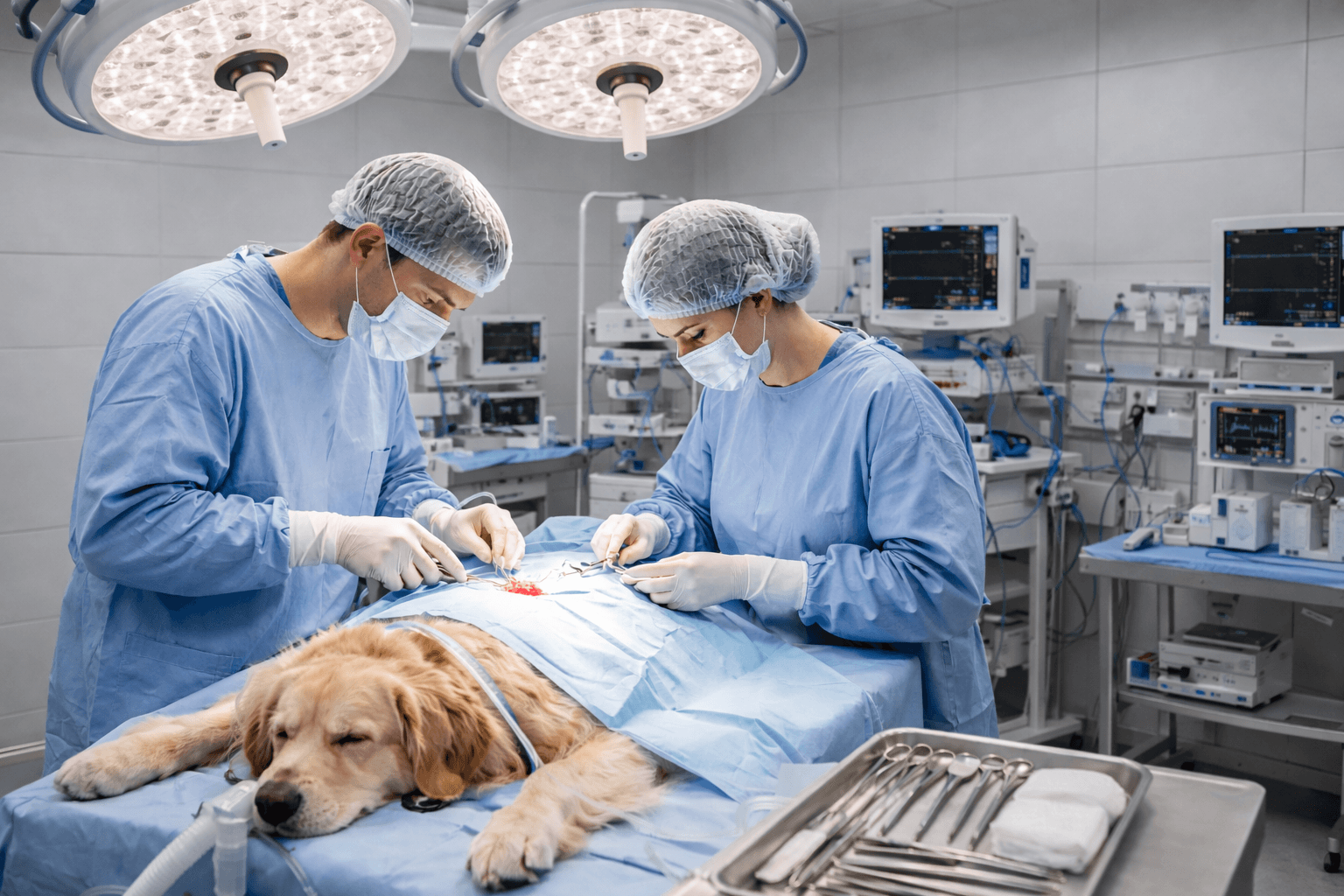 Veterinary surgical clinic with clinicians operating on a dog in a sterile procedure room.