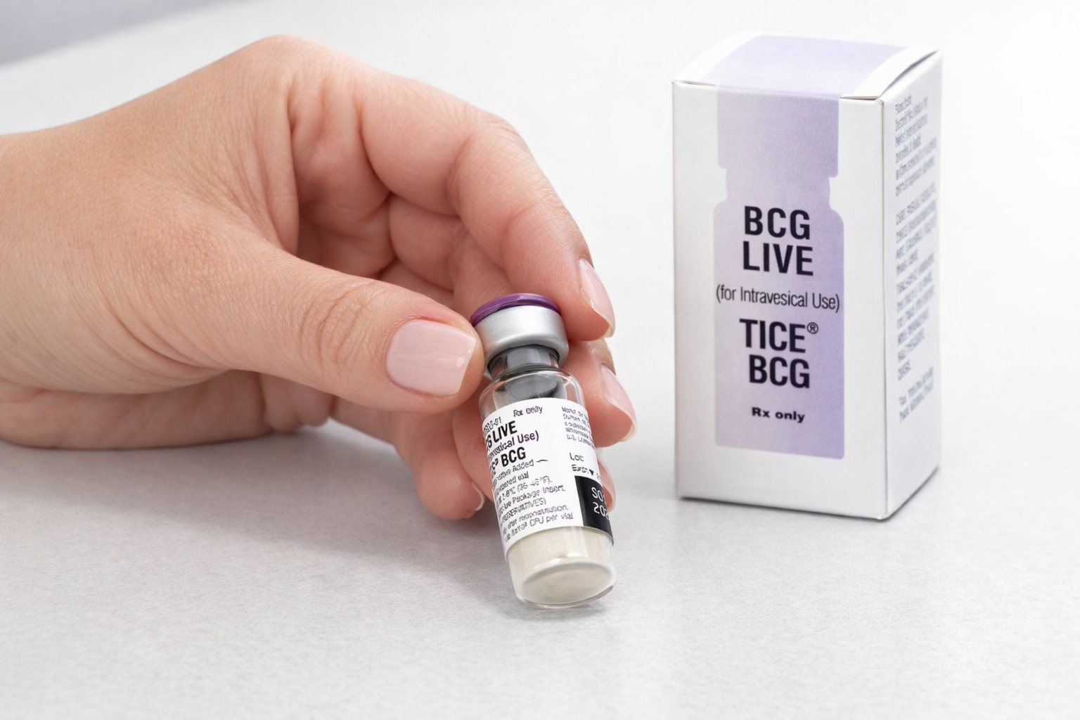 Hand holding a TICE BCG vial beside its carton